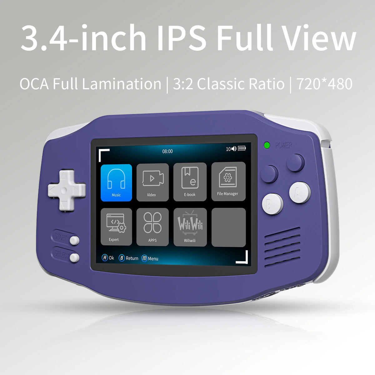 Purple Retro Handheld Game Console with 3.4-Inch IPS Display, Linux 64-Bit System, Wi-Fi, Bluetooth and HDMI Output