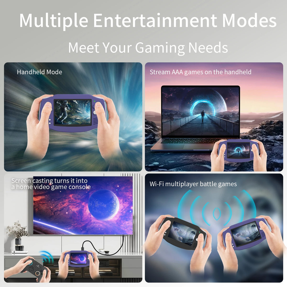 Purple Retro Handheld Game Console with 3.4-Inch IPS Display, Linux 64-Bit System, Wi-Fi, Bluetooth and HDMI Output
