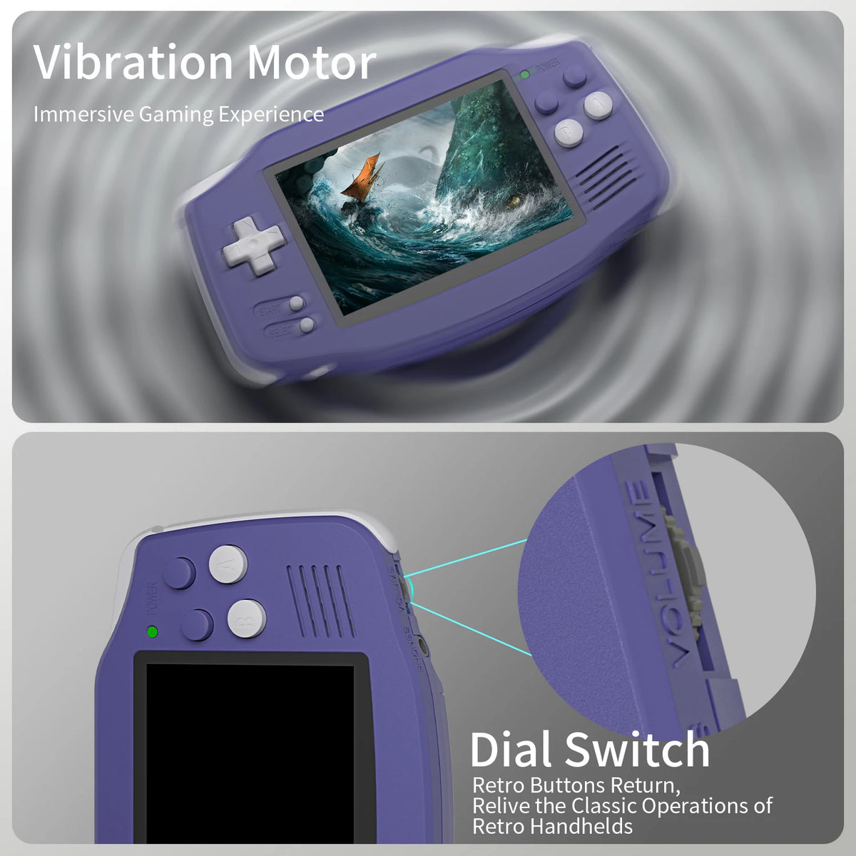 Purple Retro Handheld Game Console with 3.4-Inch IPS Display, Linux 64-Bit System, Wi-Fi, Bluetooth and HDMI Output