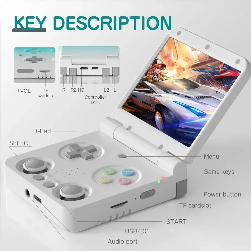 White Foldable Retro Handheld Game Console with 3.5-Inch IPS Display, Linux System, Wi-Fi, 256GB Storage